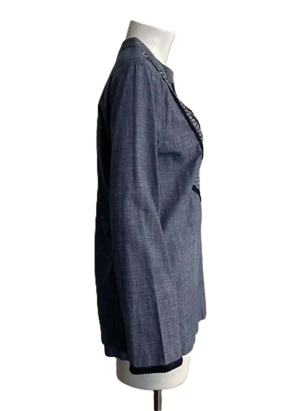Tory Burch Tunic Blouse Top Sz 8 Med Embroidered Blue Chambray Geometric Cotton